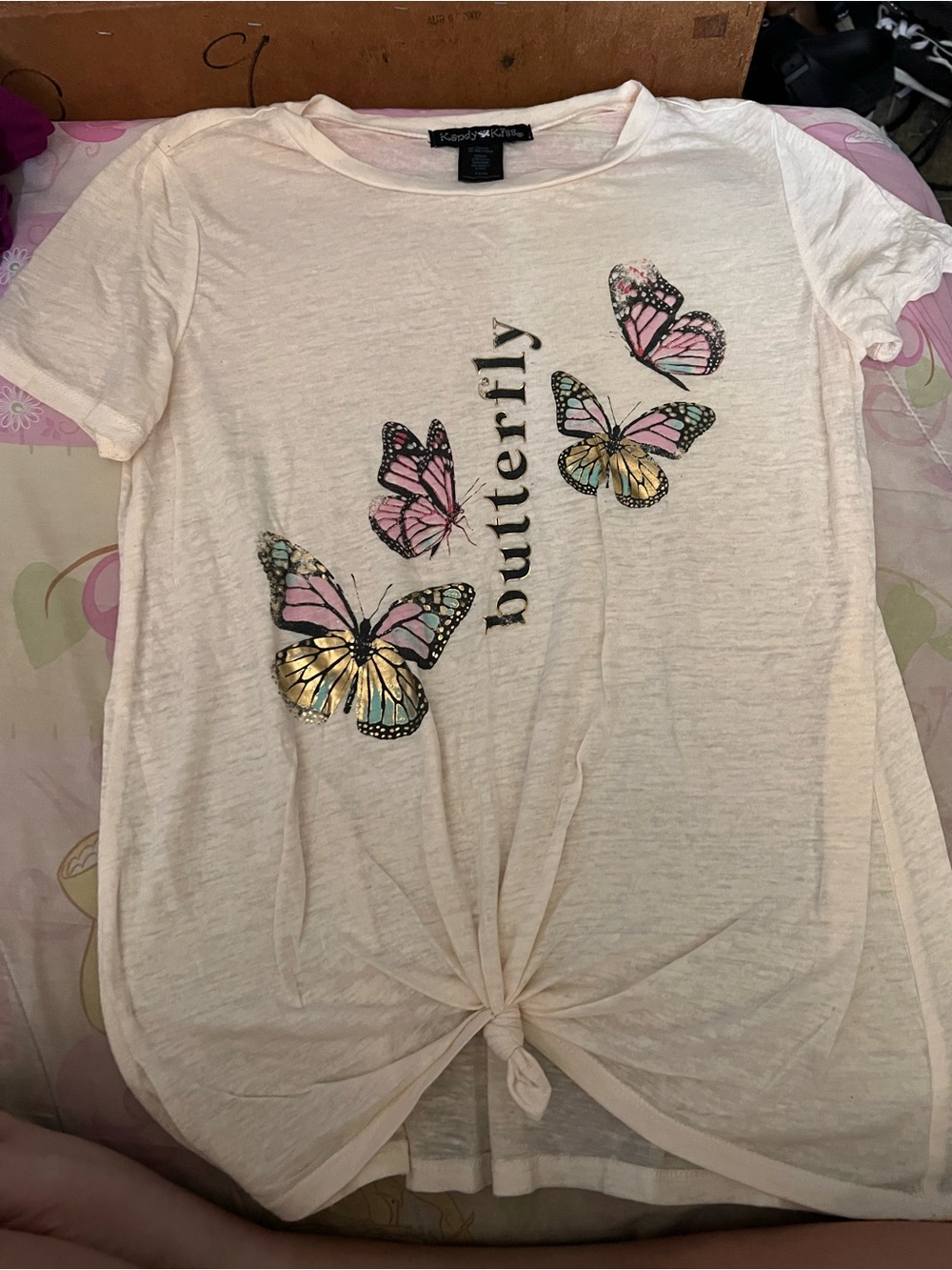 Butterfly Graphic Tie-Front Tee - White with Pink & Yellow Butterflies